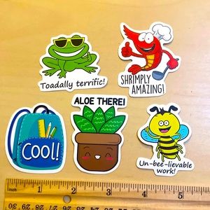 5 for $10: 5 Pun Fun Stickers: Random! 🦐 🐝 🐸 WATERPROOF!